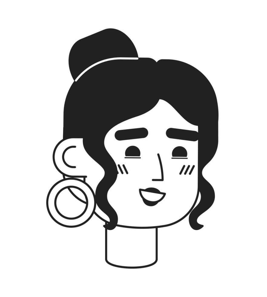 contento latina donna indossare cerchi monocromatico piatto lineare personaggio testa. brunetta ragazza con legato capelli. modificabile schema mano disegnato viso icona. 2d cartone animato individuare vettore avatar illustrazione per animazione
