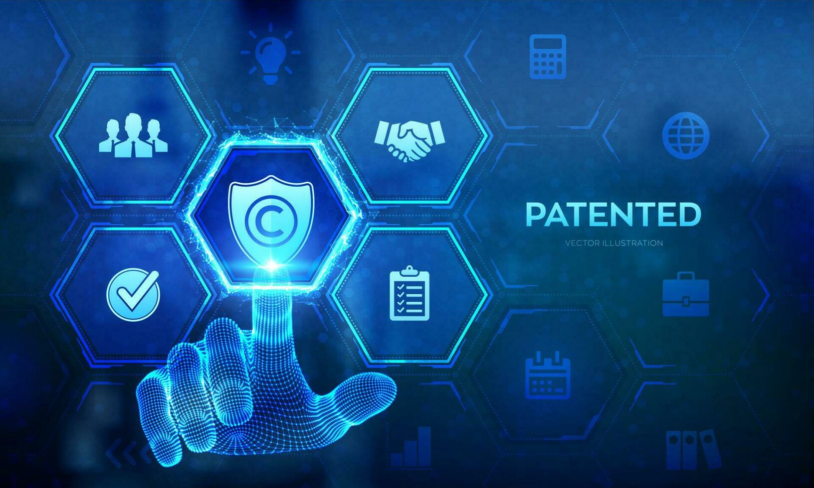 brevettato. brevetto diritto d'autore legge. diritto d'autore. autore diritti, brevettato intellettuale proprietà attività commerciale tecnologia concetto su virtuale schermo. wireframe mano toccante digitale interfaccia. vettore illustrazione.