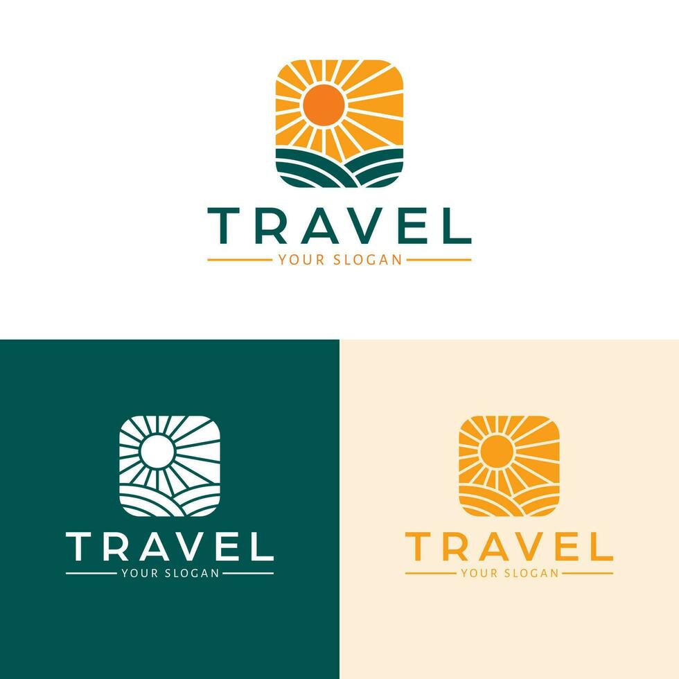 viaggio vettore logo design. campo e tramonto logotipo. natura paesaggio logo modello.