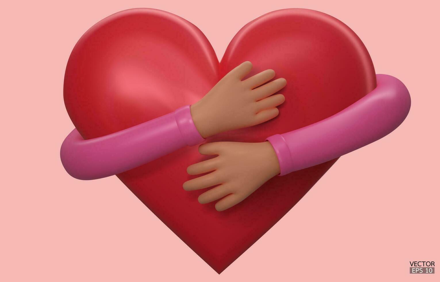 3d mani abbracciare un' rosso cuore con amore. cartone animato mano Abbracciare una persona cuore con rosa manica isolato su rosa sfondo. amore te stesso. Usato per manifesti, cartoline, maglietta stampe. 3d vettore illustrazione.