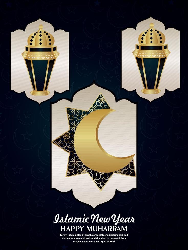 volantino festa di celebrazione felice muharram con luna e lanterna dorate modello vettoriale