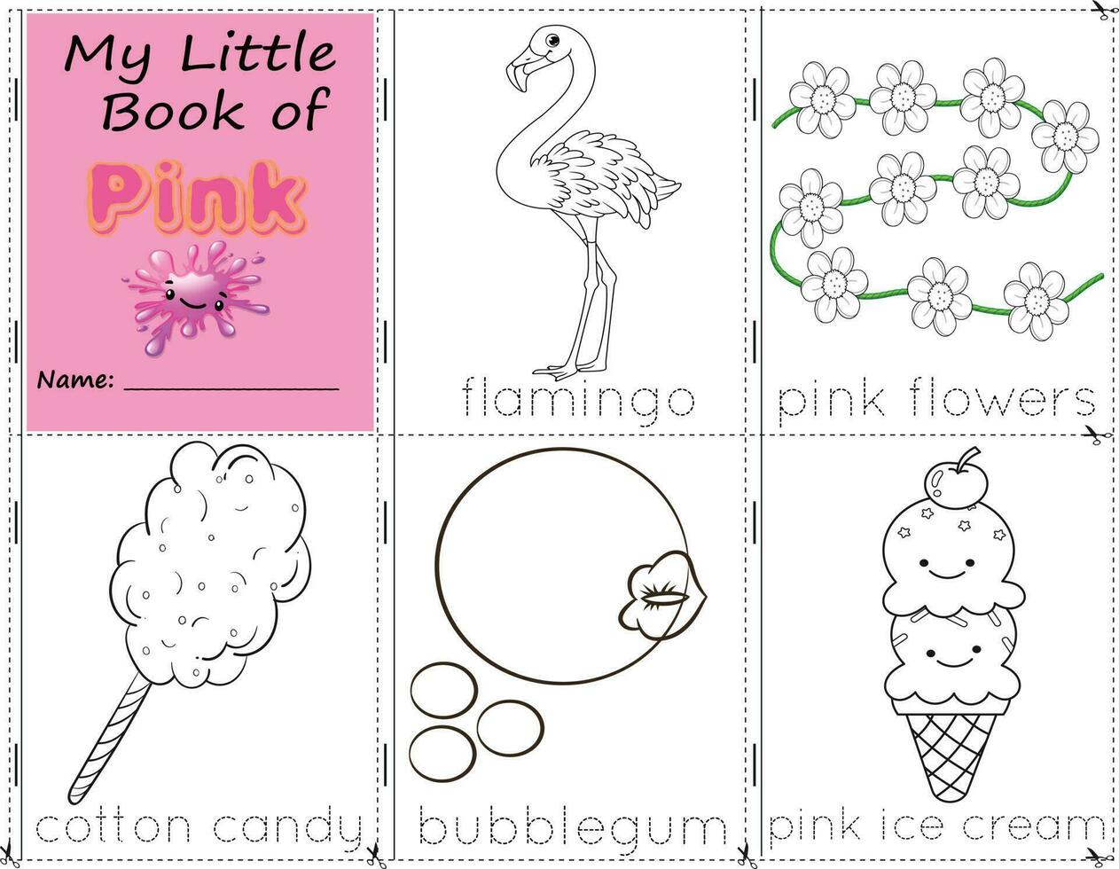 mio poco libro di rosa colore oggetti rosa per dipingere loro come essi siamo nel vero vita. formazione scolastica attività foglio di lavoro per bambini. fenicottero, rosa fiori, cotone caramella, gomma da masticare, e rosa ghiaccio crema vettore