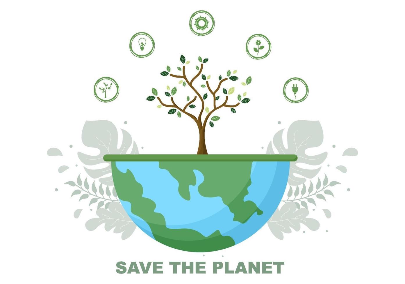 salva la nostra illustrazione del pianeta terra in un ambiente verde con un concetto ecologico e protezione dai danni naturali vettore