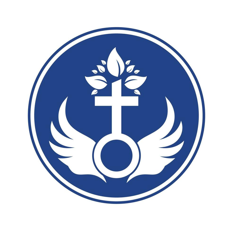 Chiesa logo. Bibbia, Gesù' attraversare e angelo Ali. Ali Chiesa albero logo design icona. vettore
