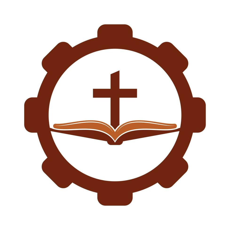 libro Chiesa Ingranaggio forma concetto logo design icona. Bibbia Chiesa logo design vettore. attraversare e santo Bibbia logo. vettore