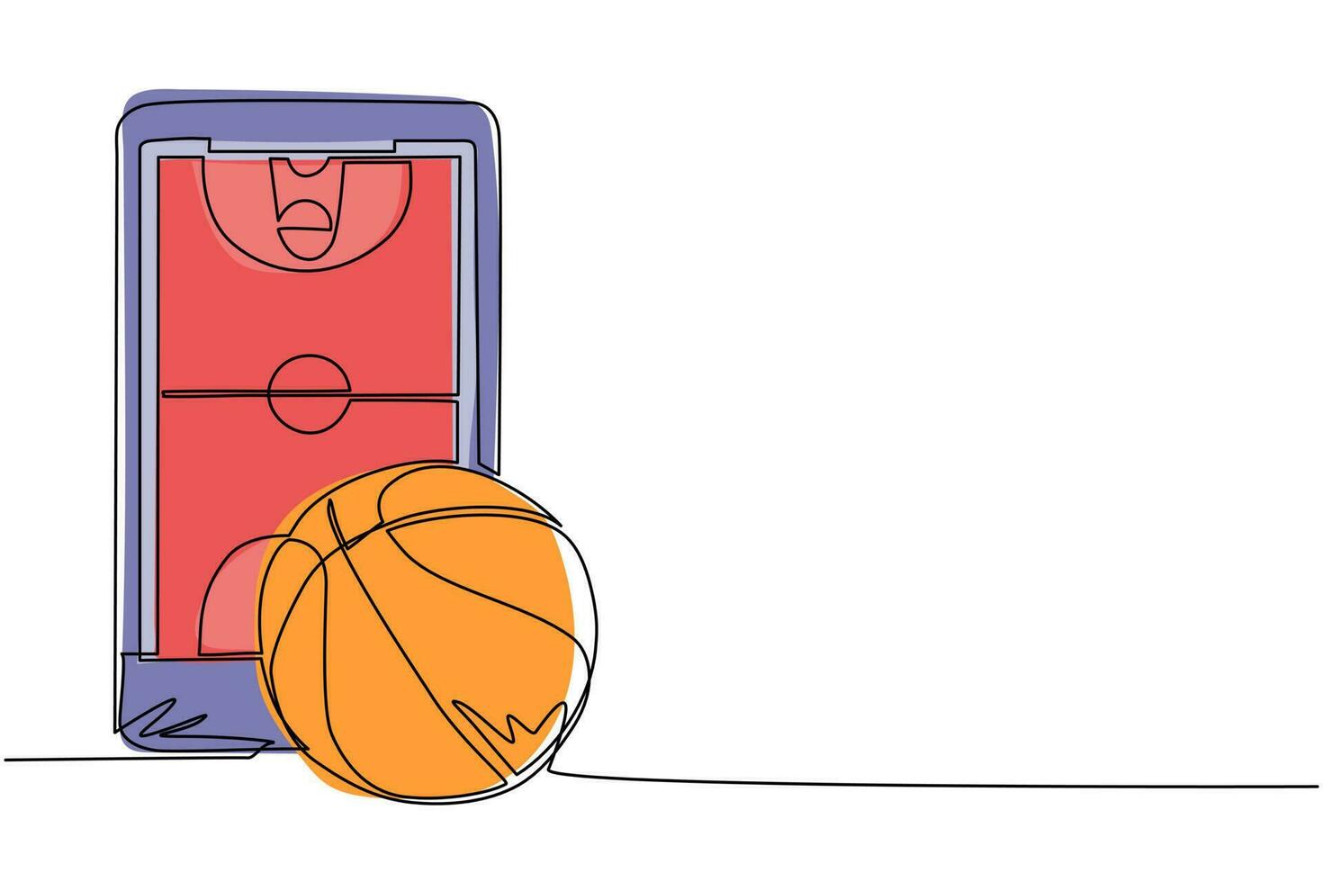 smartphone con disegno a linea continua con app campo da basket e palla. giochi di basket online. applicazioni per smartphone. basket mobile. illustrazione grafica vettoriale di disegno a linea singola