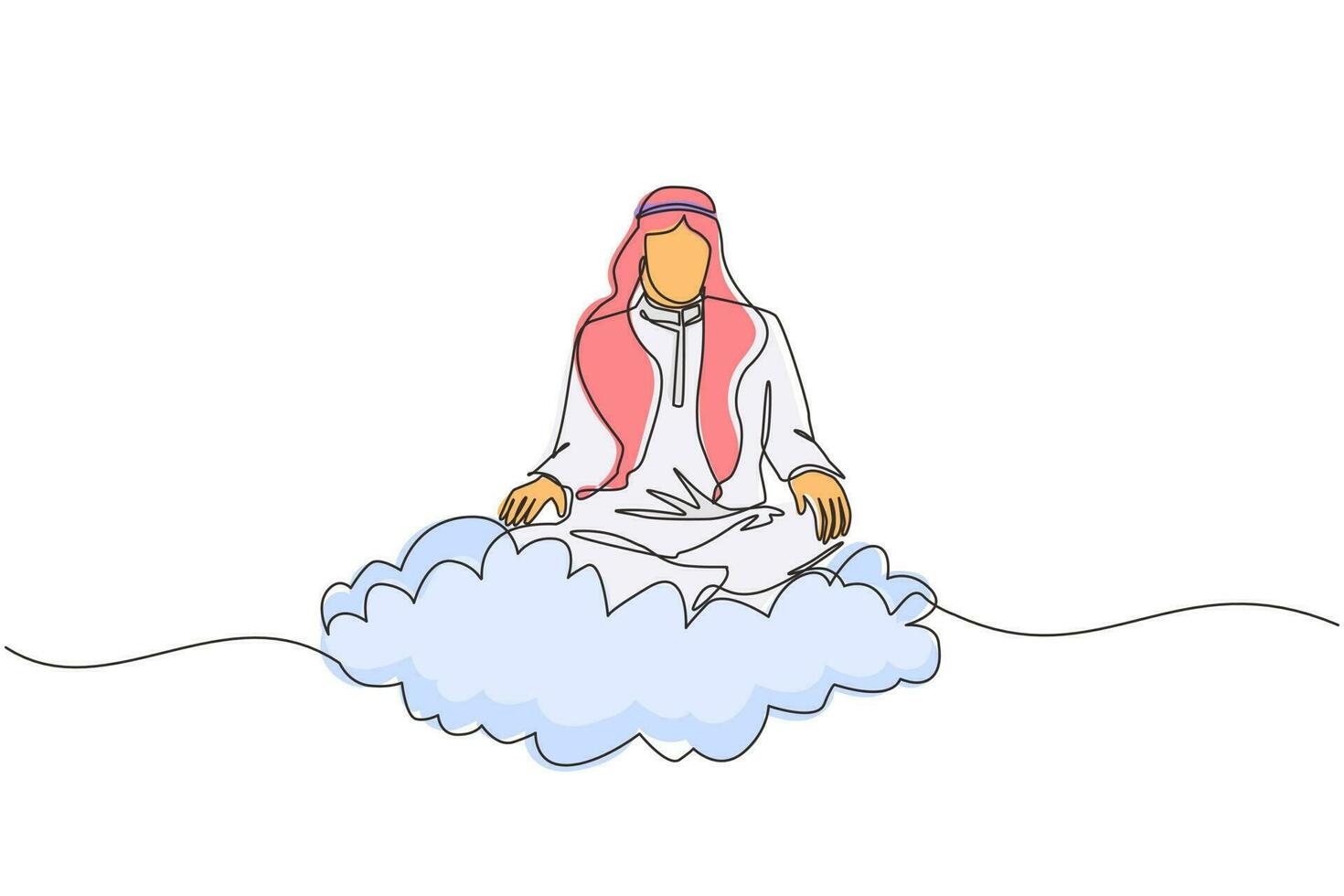 singolo impiegato o uomo d'affari di disegno a tratteggio si rilassa e medita nella posizione del loto sulle nuvole. uomo arabo allegro che si rilassa con la posa di yoga o meditazione. vettore grafico di progettazione di linea continua