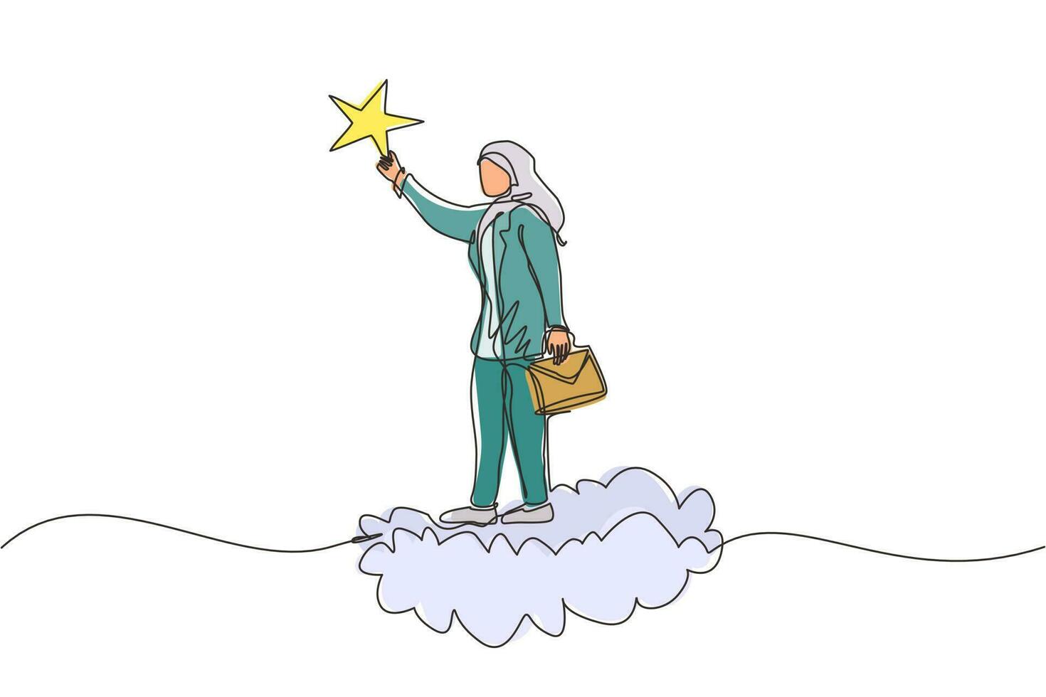 disegno continuo di una linea donna d'affari araba che raggiunge e afferra la stella preziosa. il campione di affari riesce a ottenere una ricompensa, un dipendente stellare vincente, un percorso professionale, un lavoro da sogno. vettore di disegno a linea singola