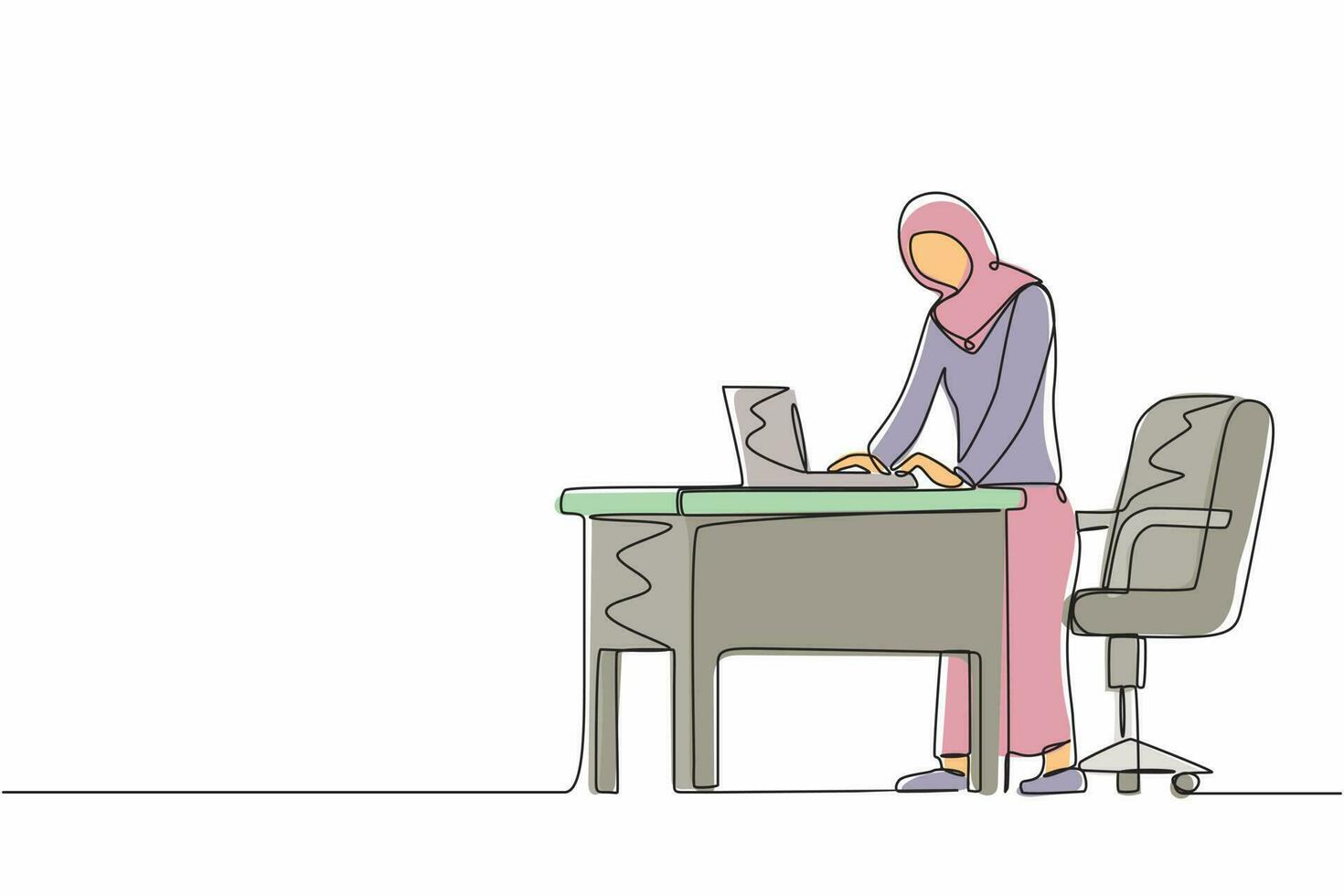 una singola donna che disegna una linea che lavora su una postazione di lavoro ergonomica. mobili per ufficio con computer e laptop. femmina araba in piedi sul resto del piede dietro la scrivania. vettore grafico di progettazione di linea continua