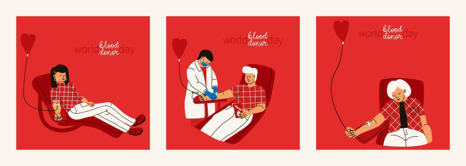 mondo sangue donatore giorno. impostato di vettore illustrazioni su sangue donatore concetto. uomini e donne donare sangue volontariamente. un' infermiera nel un' medico uniforme e protettivo maschera assiste a il trasfusione stazione
