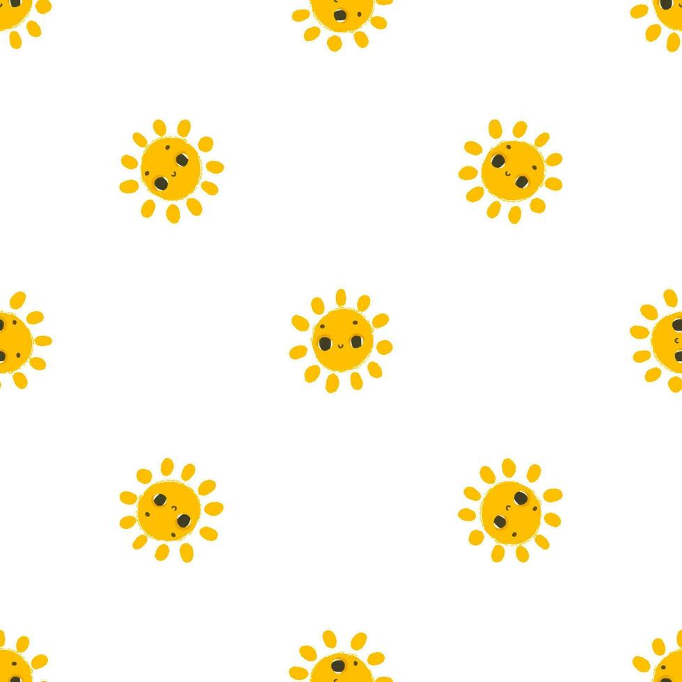 semplice senza soluzione di continuità modello con divertente giallo Soli con viso. carino infantile arte con sole su bianca sfondo. bambino design e Stampa, tessuto disegno, parete arte, involucro papper vettore