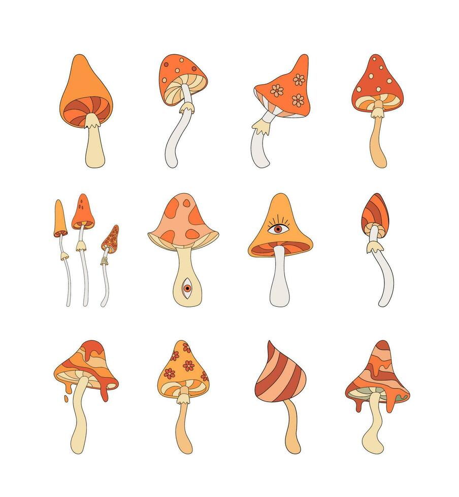 impostato di Vintage ▾ Groovy funghi piatto vettore illustrazione nel 70s e anni 80 stile. retrò autunno vibrazione elementi, boho hippie clipart su bianca sfondo