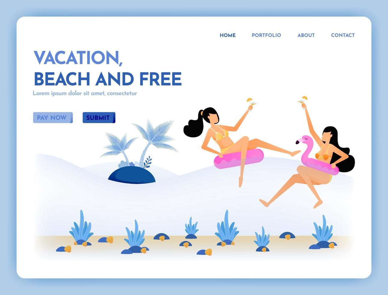 sito Web di viaggi con il tema della spiaggia delle vacanze e delle vacanze libere insieme al servizio nuotare nel mare tropicale Il disegno vettoriale può essere utilizzato per poster banner pubblicitari sito web web mobile marketing volantino