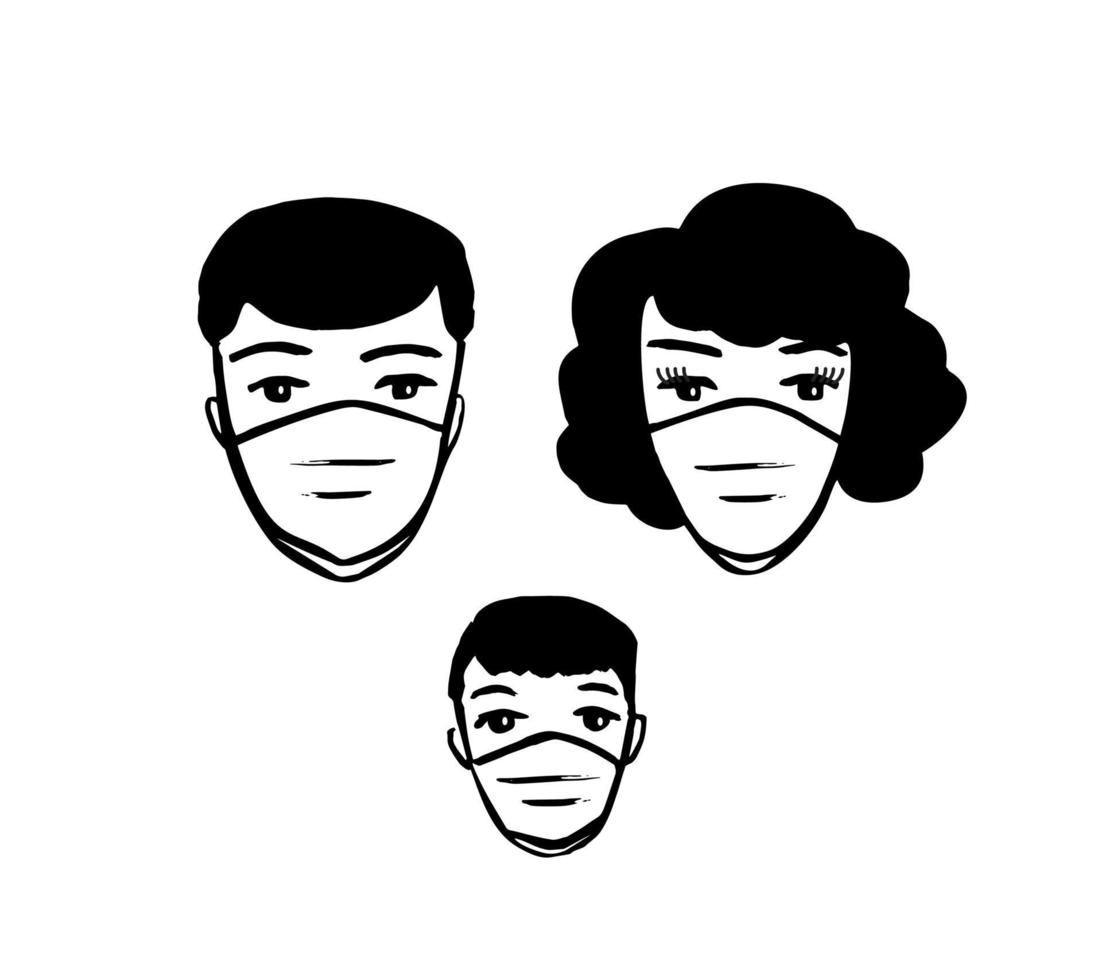 famiglia che indossa maschere mediche vettore