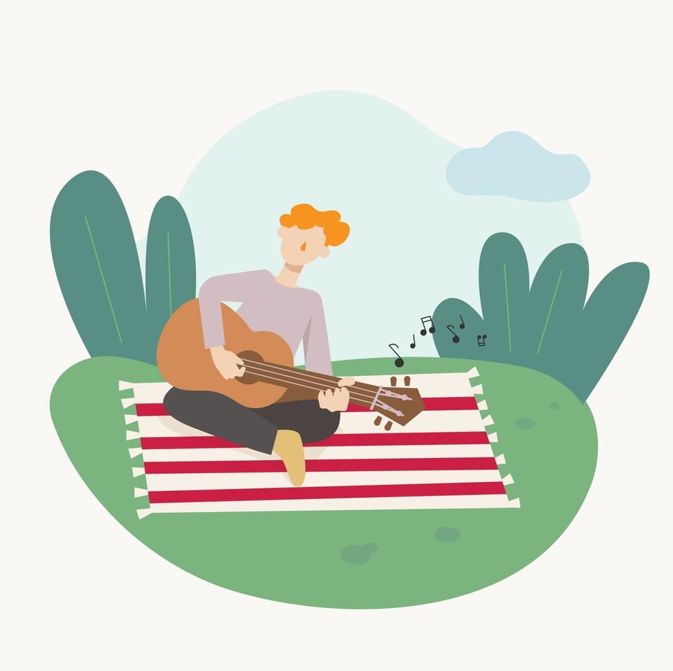 un uomo è seduto su una coperta nel parco e suona la chitarra. illustrazione di vettore minimo di stile di design piatto.