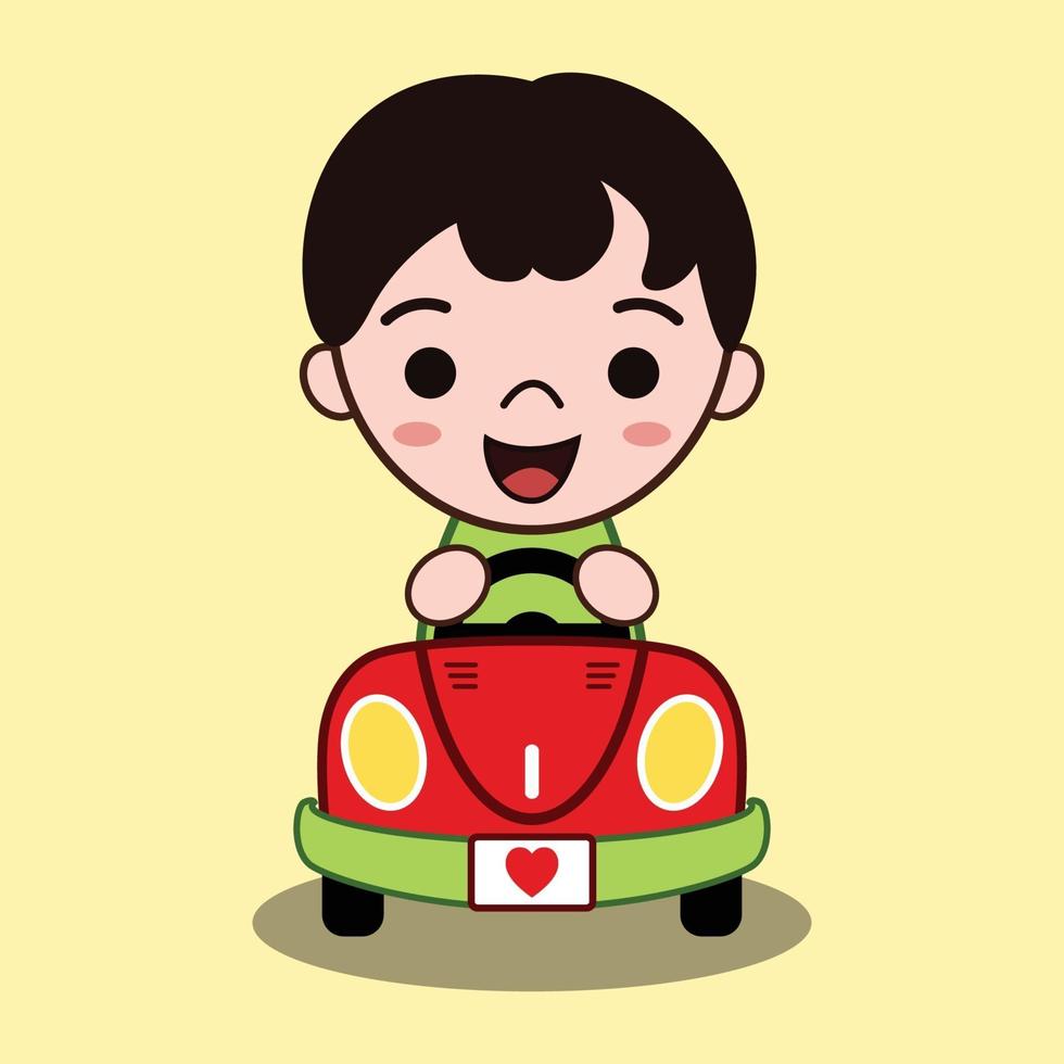 Cartoon carino illustrazione vettoriale di un ragazzo alla guida di un'auto decappottabile che sorride felicemente