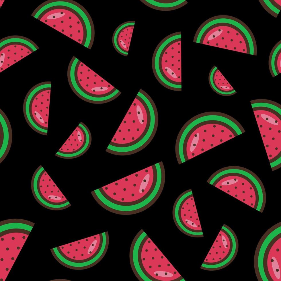 Seamless pattern di fette di anguria su uno sfondo nero. modello di anguria modello colorato di frutta estiva. illustrazione vettoriale. stile piatto vettore