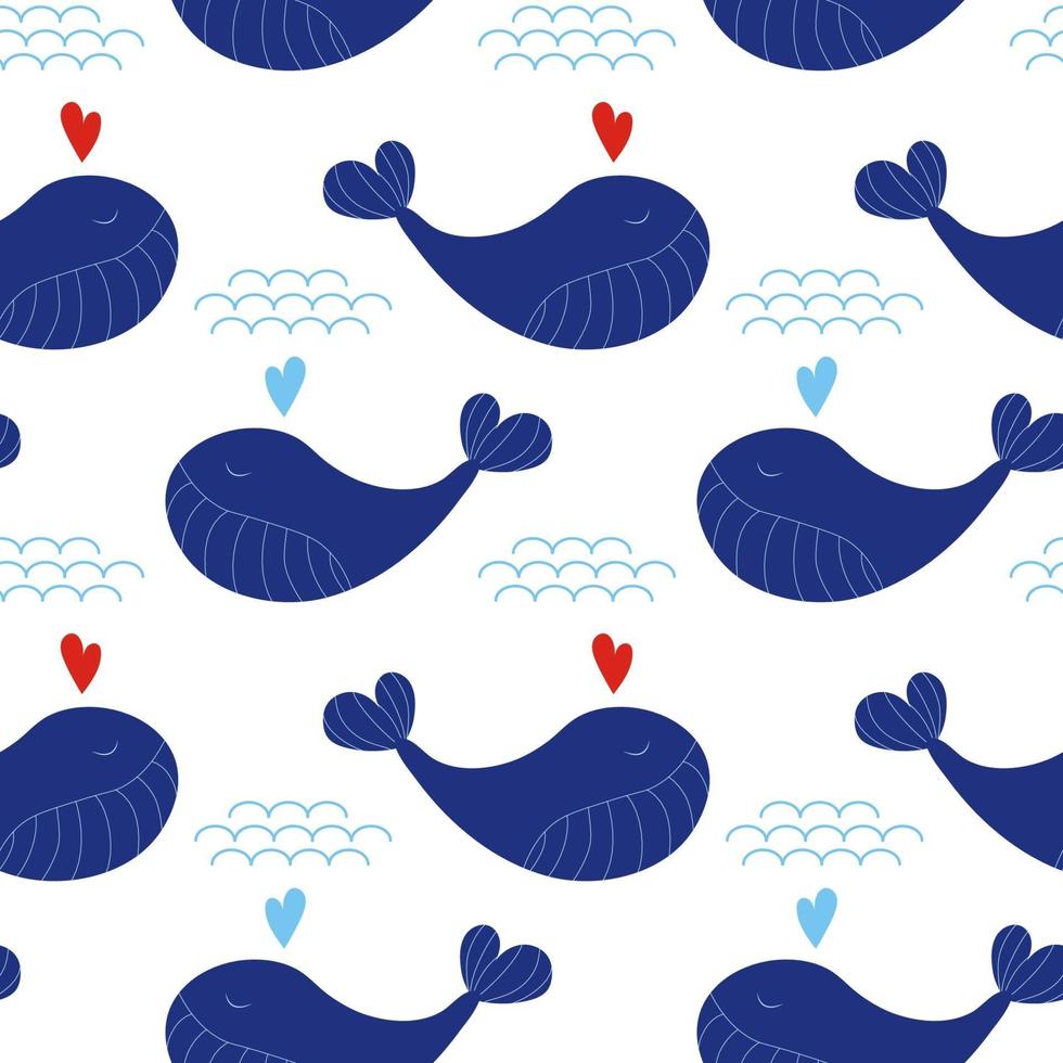 modello senza cuciture con simpatiche balene blu navy con cuori e onde vettore sfondo mare per bambini stile di disegno del bambino cartone animato baby animali disegno di illustrazione subacquea per tessuto ecc