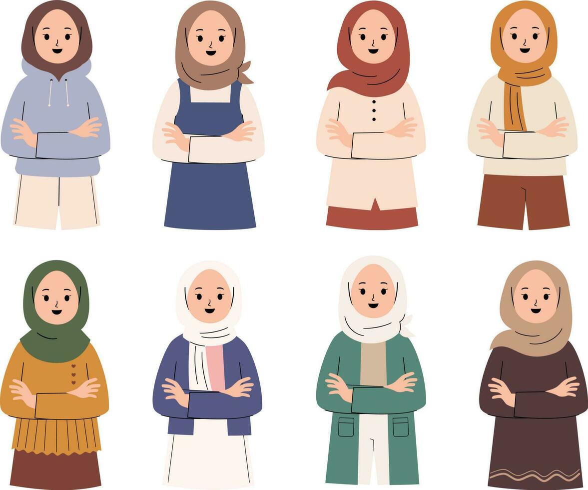 impostato di le persone. impostato di musulmano donne nel diverso nazionale Abiti. vettore illustrazione.