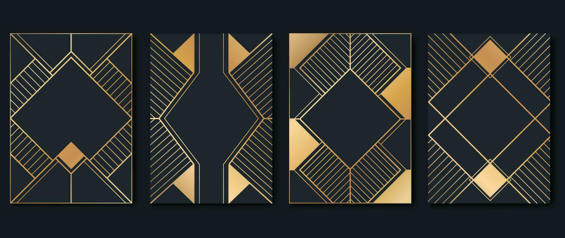 lusso geometrico modello copertina modello. impostato di arte deco manifesto design con d'oro linea, ornamento, forme, frontiere. elegante grafico design Perfetto per striscione, sfondo, sfondo, invito. vettore