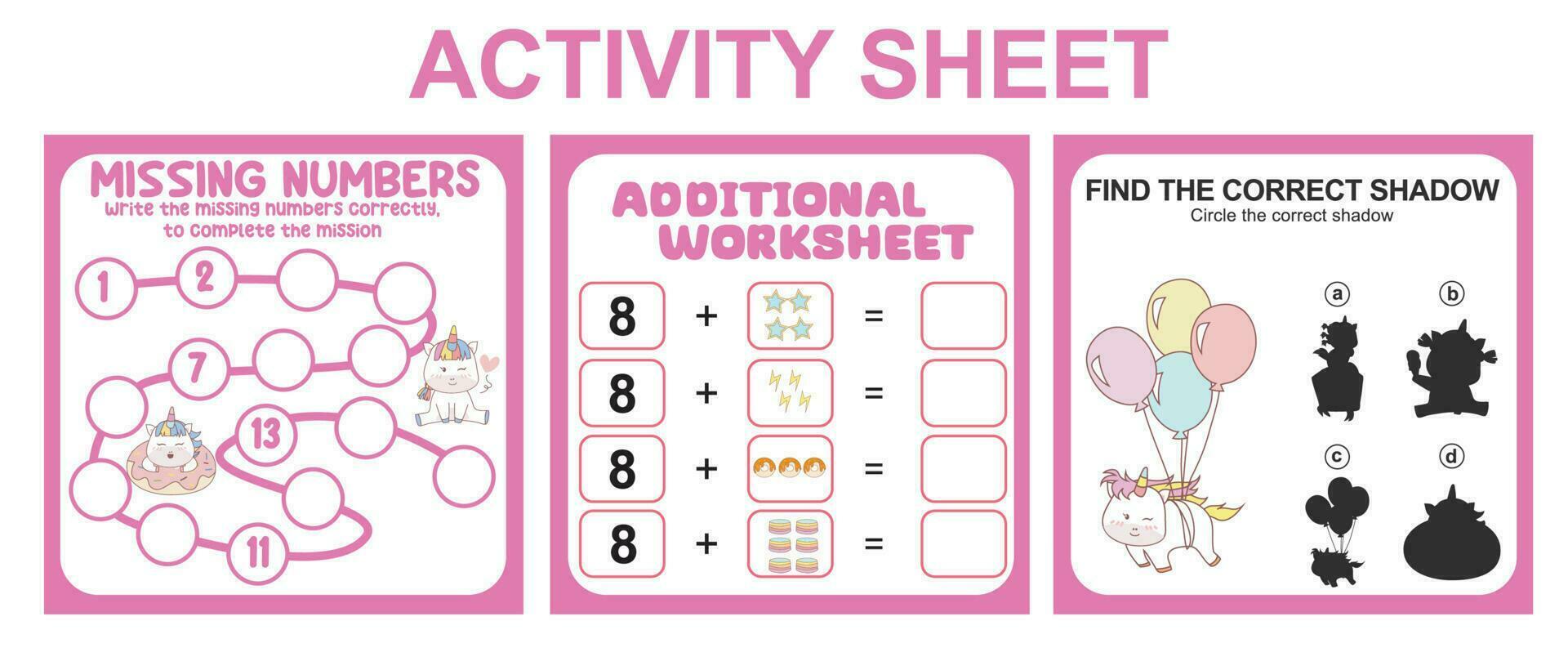 attività foglio per bambini. 3 nel 1 educativo stampabile foglio di lavoro. mancante numeri, conteggio foglio di lavoro e accoppiamento ombra foglio di lavoro. vettore illustrazioni.