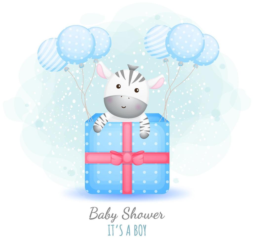 baby shower è un maschio. cute baby zebra in una confezione regalo con palloncini vettore Premium