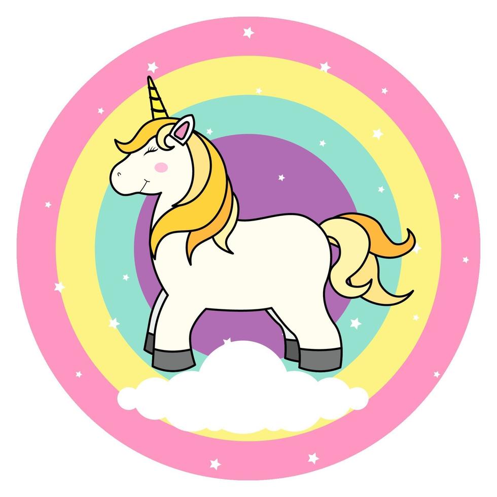 unicorno simpatico cartone animato su nuvola e arcobaleno per t-shirt stampata o adesivo, sfondo per carta da parati e illustrazione di disegno a mano per bambini vettore