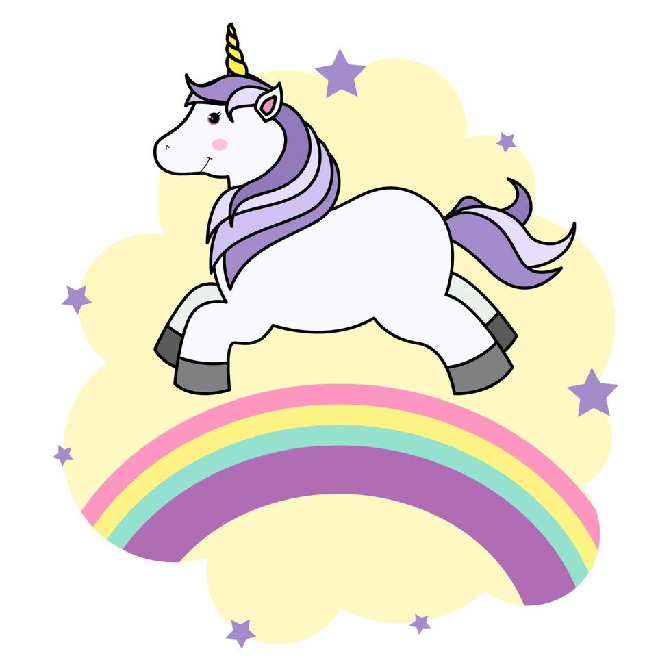 unicorno simpatico cartone animato su nuvola e arcobaleno per t-shirt stampata o adesivo, sfondo per carta da parati e illustrazione di disegno a mano per bambini vettore