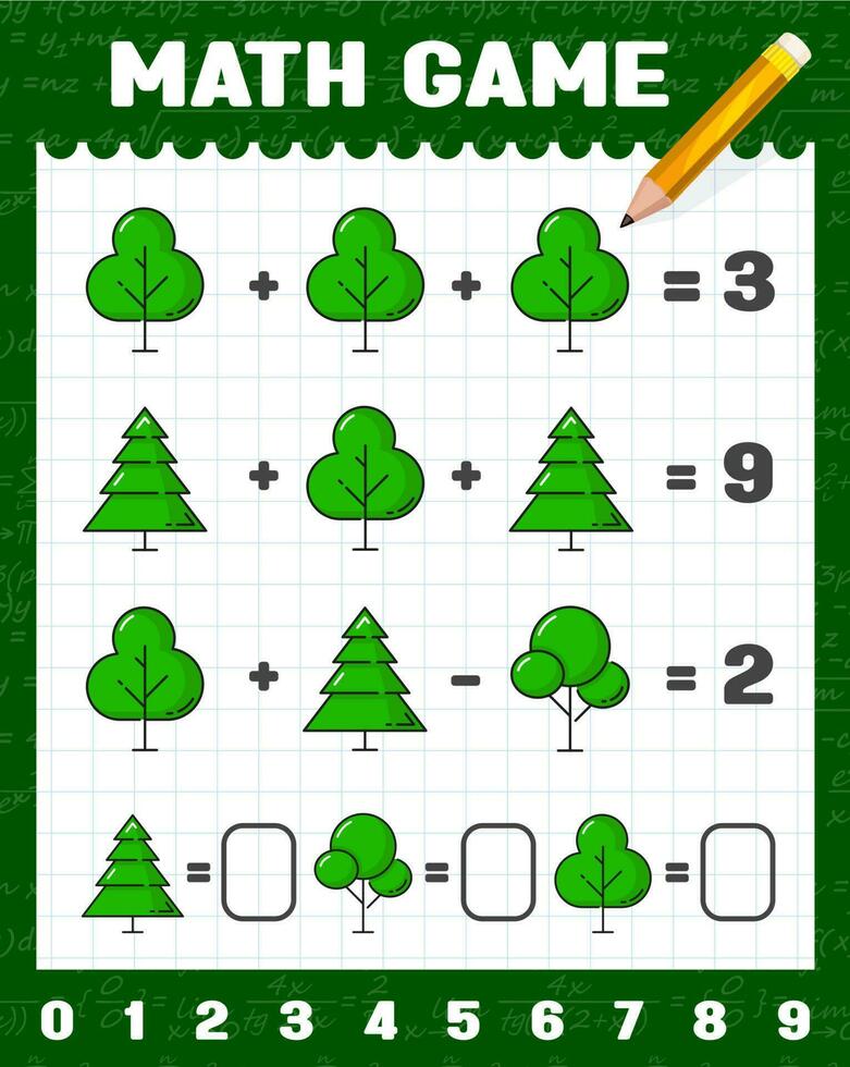 verde foresta alberi matematica gioco foglio di lavoro enigma vettore