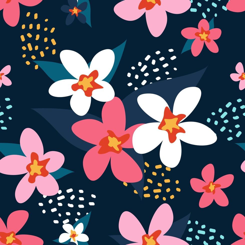 i fiori sono bianchi e rosa. Vector seamless pattern in uno stile piatto su sfondo blu scuro