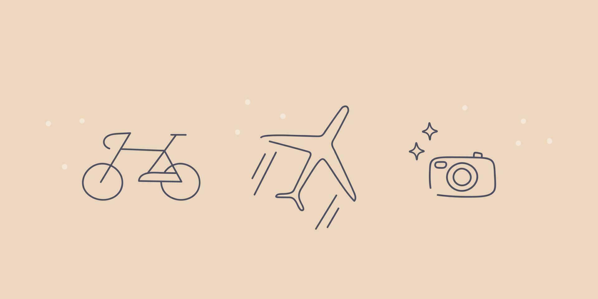 impostato di minimalista design tatuaggi. un' bicicletta, un aereo e un' telecamera. carino illustrazione per disegno, etichetta. vettore linea arte.