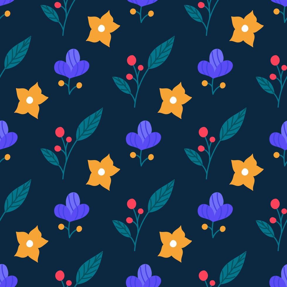 fiori e piante carini luminosi su sfondo blu. Vector seamless pattern in uno stile piatto