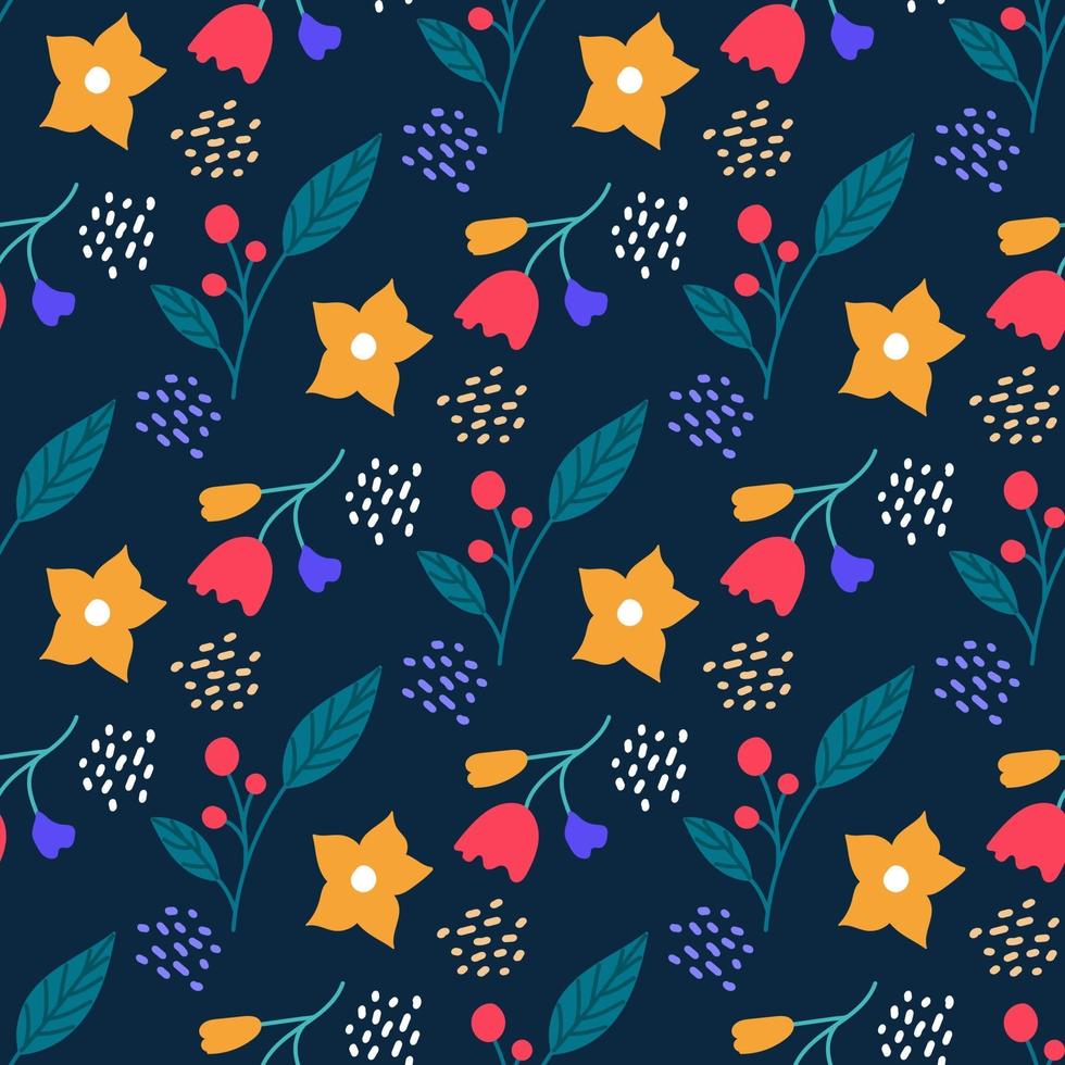 fiori e piante carini luminosi su sfondo blu. Vector seamless pattern in uno stile piatto