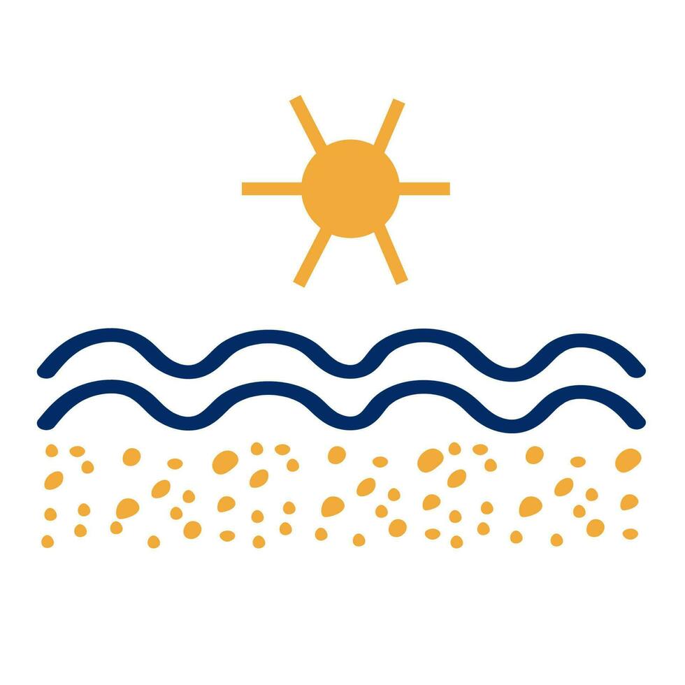 spiaggia vacanza. estate illustrazione. mare, sole, costa, sabbia, riposo. estate icona, modello, logo. design elemento. per manifesto, striscione, cartolina. mano disegnato. vettore piatto illustrazione