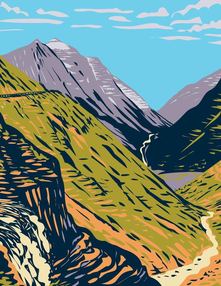 strada verso il sole vista da logan passare una pittoresca strada di montagna nelle montagne rocciose situate nel parco nazionale del ghiacciaio in montana wpa poster art vettore