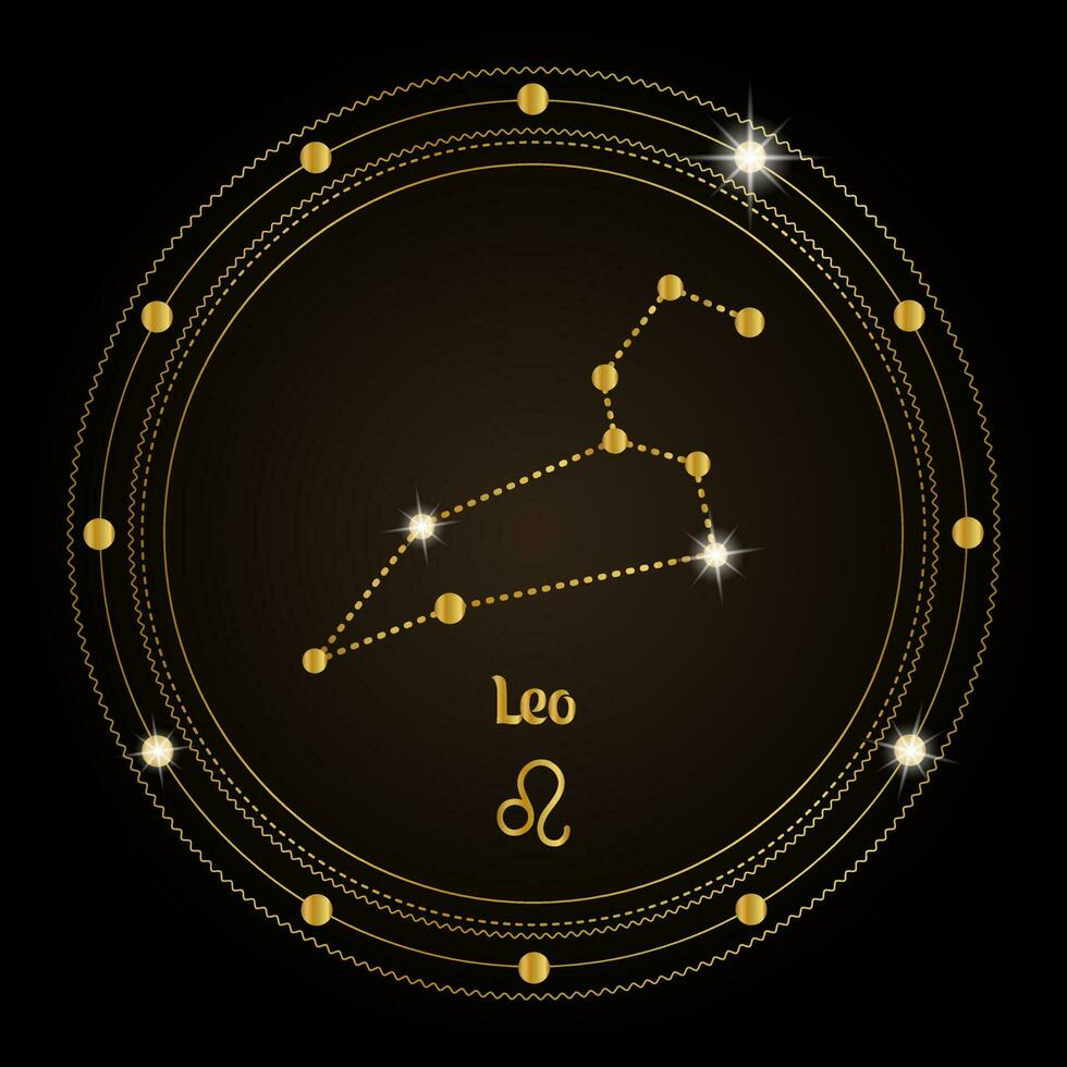 Leo, costellazione di il zodiaco cartello nel il cosmico Magia cerchio. d'oro design su un' buio sfondo. vettore