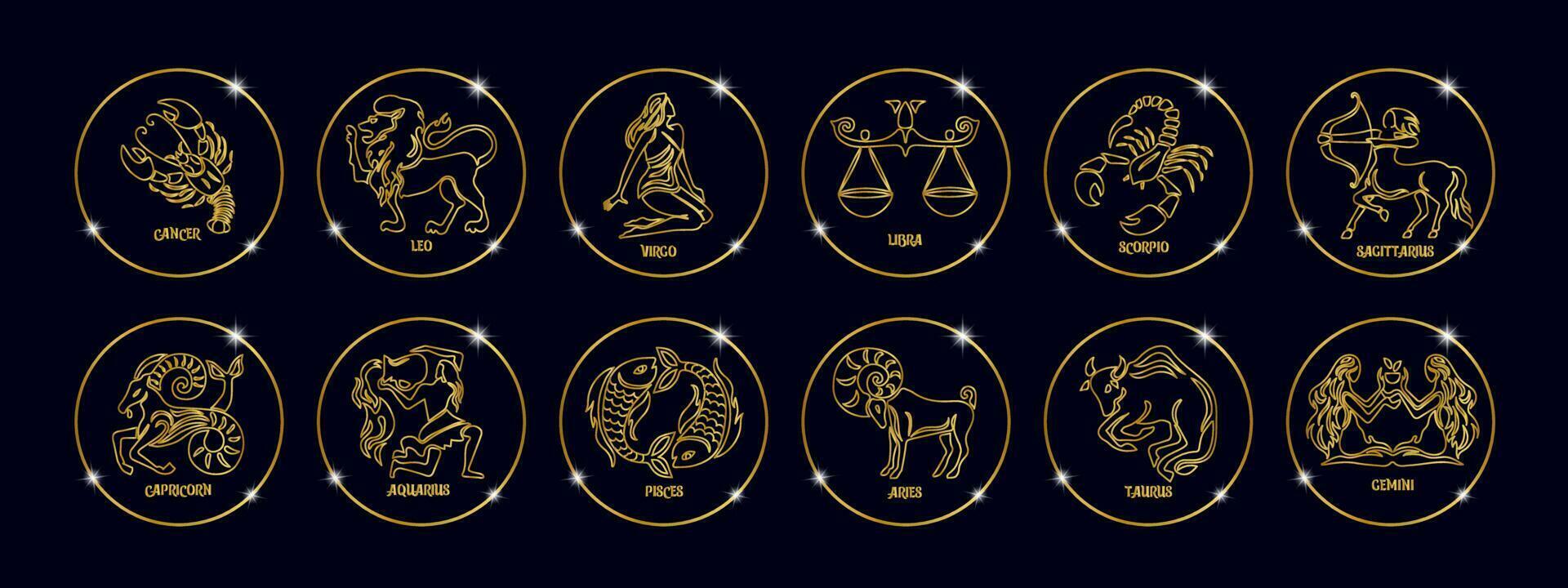 zodiaco segni, astrologico oroscopo segni. contorno d'oro disegni su un' nero sfondo. icone, vettore