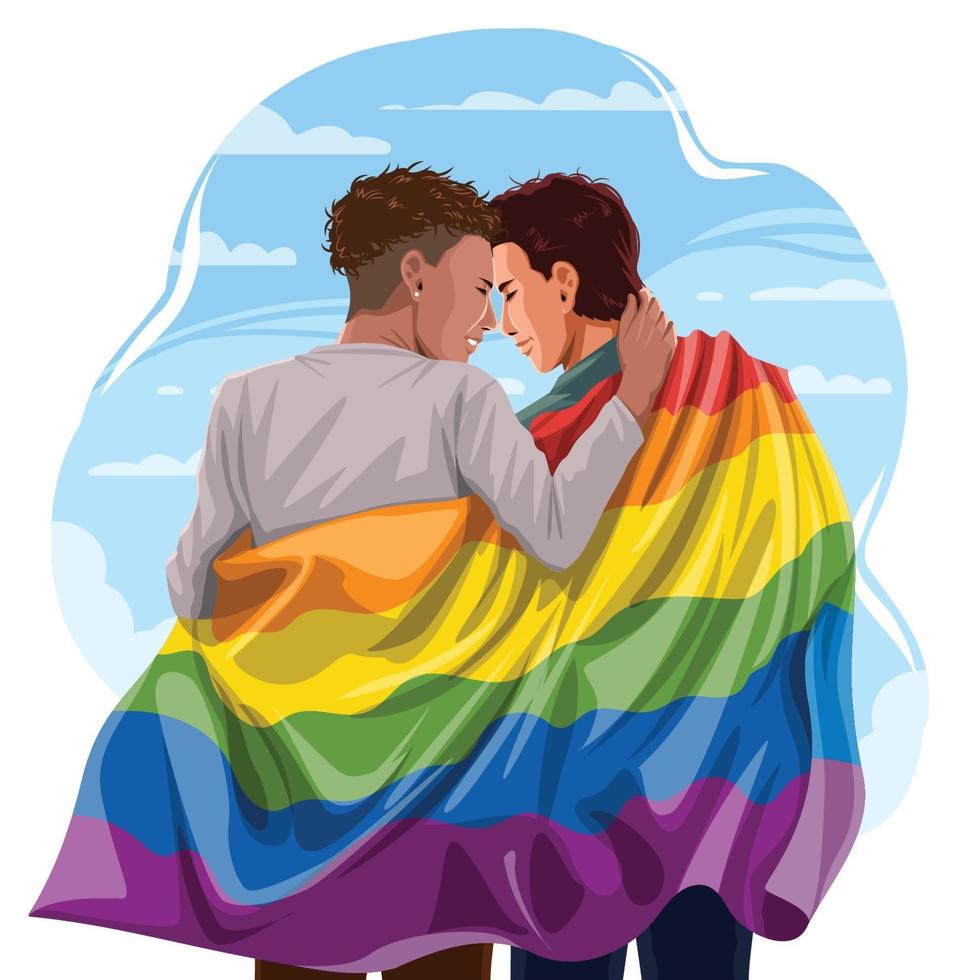 coppia omosessuale che abbraccia con orgoglio bandiera lgbtq vettore