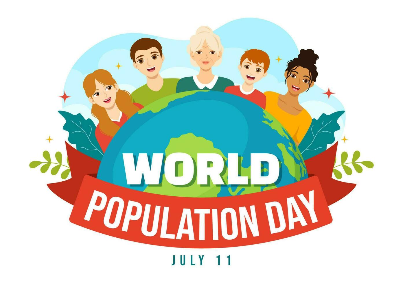 mondo popolazione giorno vettore illustrazione su 11 ° luglio per aumentare consapevolezza di globale popolazioni i problemi nel piatto cartone animato mano disegnato modelli
