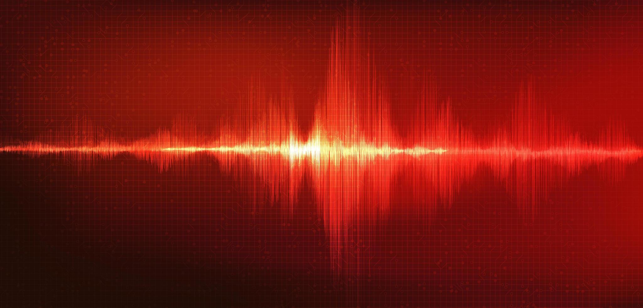 onda sonora digitale rossa scala richter bassa e alta con vibrazione del cerchio su sfondo rosso vettore