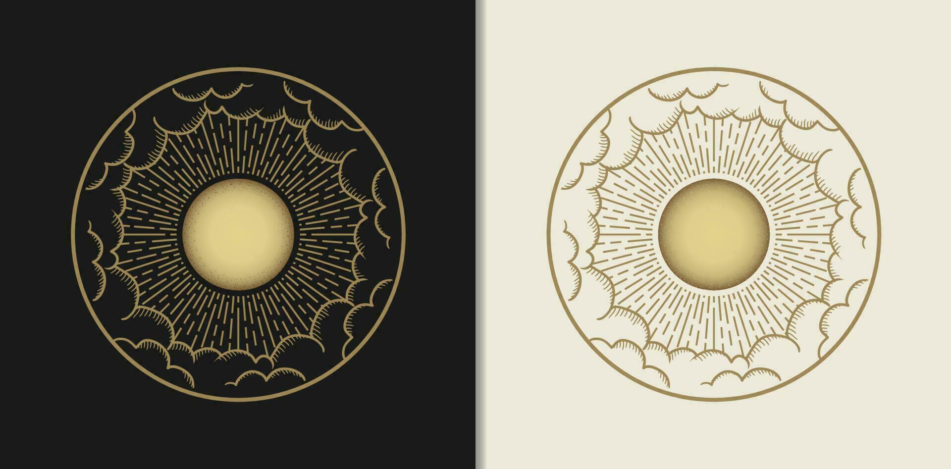 il sole o Luna circondato di nuvole con disegnato a mano incisione oro stile vettore