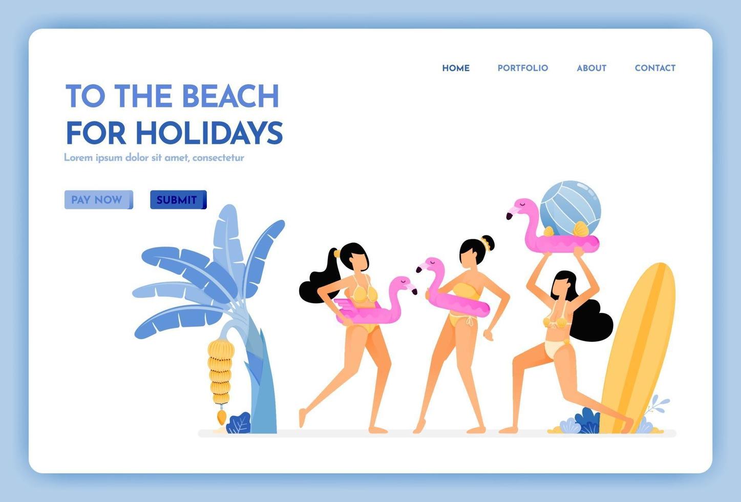sito web di viaggi con il tema andare in spiaggia per le vacanze, donne che indossano bikini e si divertono a nuotare il disegno vettoriale può essere utilizzato per poster banner pubblicitari sito web web mobile marketing volantino