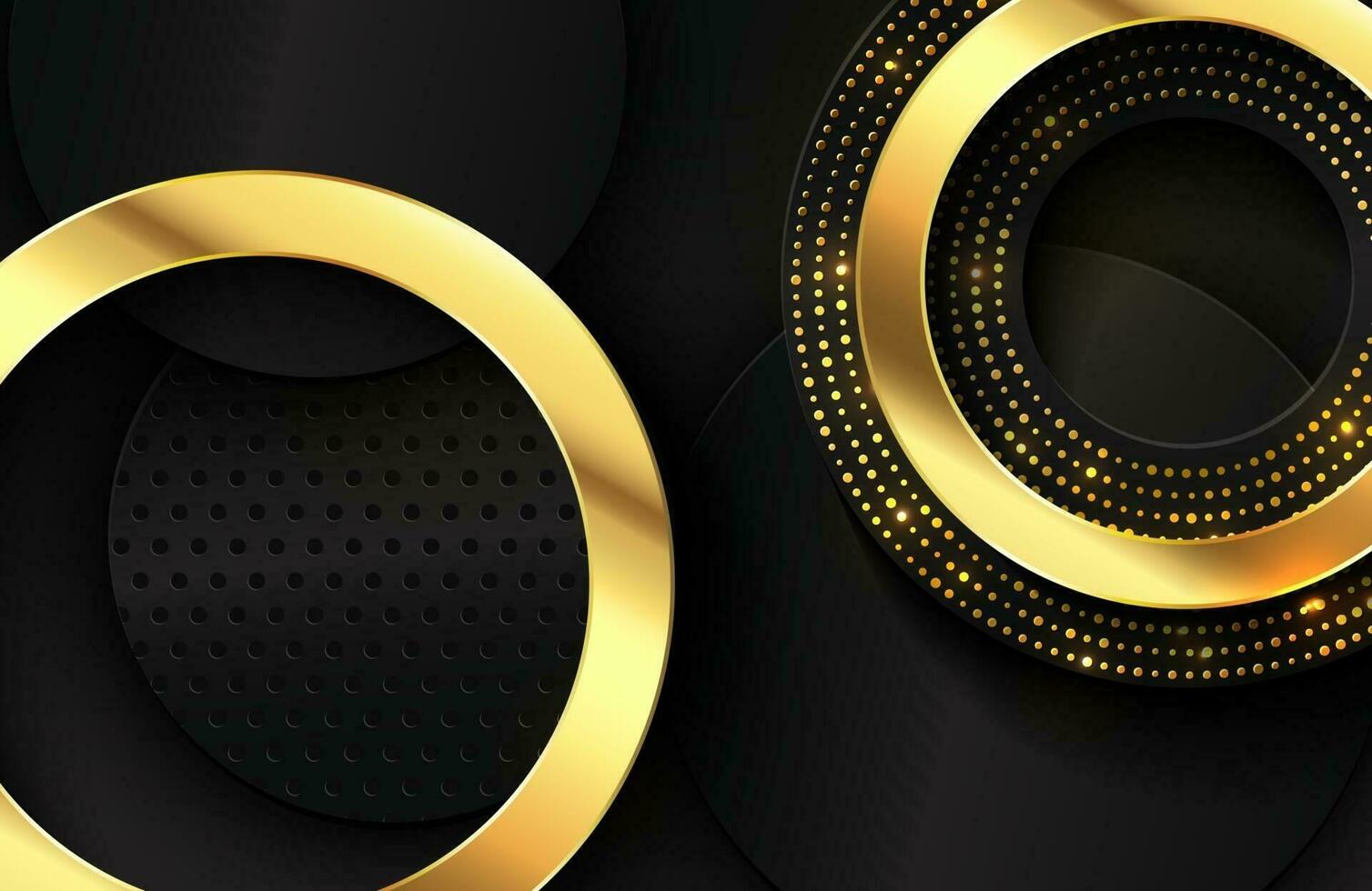 sfondo elegante di lusso con elemento cerchio in oro lucido e particelle di punti sulla superficie di metallo nero scuro elegante sfondo astratto sfondo vettore