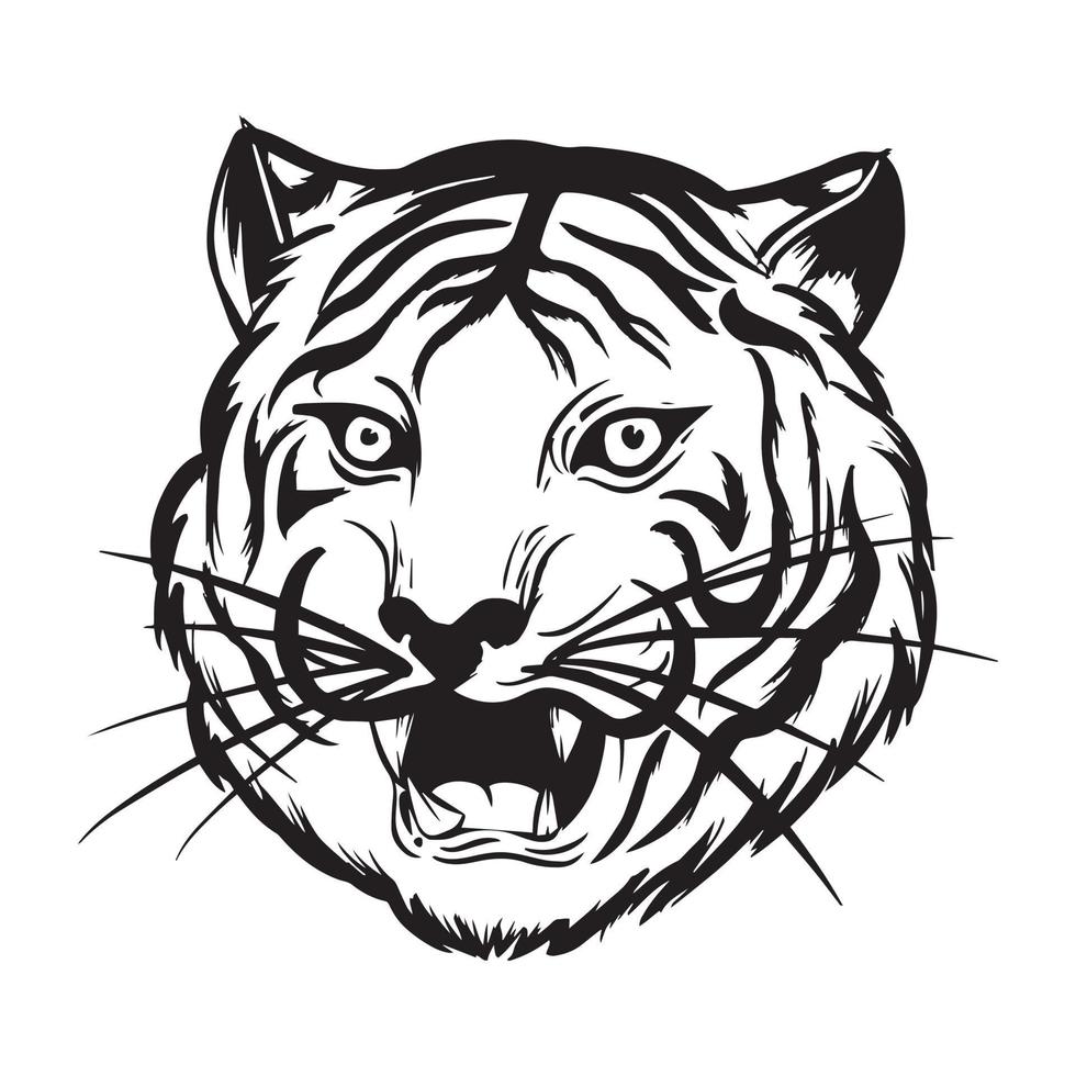 testa di tigre arrabbiata è ruggente illustrazione in bianco e nero vettore