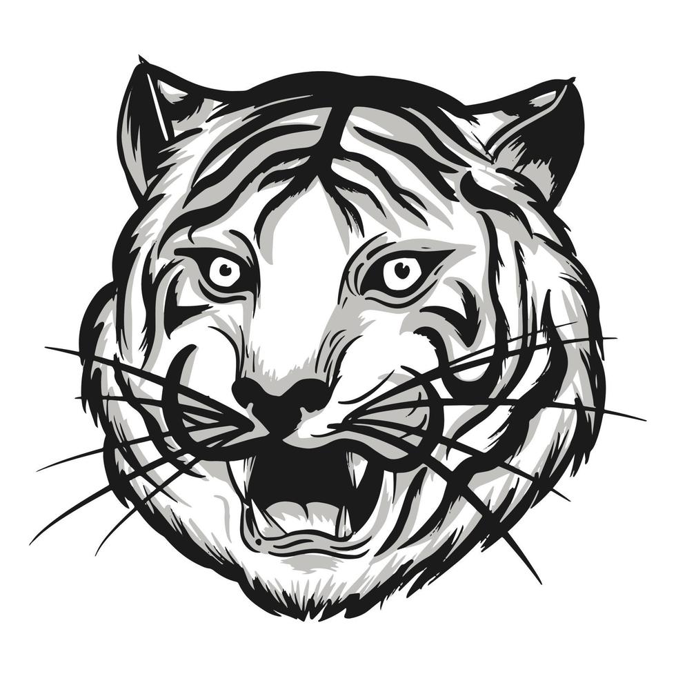 illustrazione della testa di tigre con il vettore ombra in bianco e nero