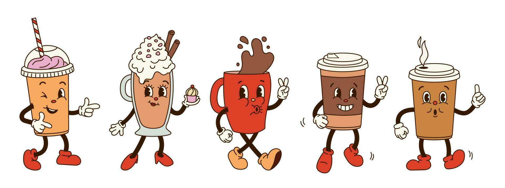 impostato Groovy retrò cartone animato caffè personaggi. rosso tazza, caffè per andare, cappuccino, latte macchiato con occhi e guantato mani. isolato piatto illustrazione nel stile 60s 70s vettore