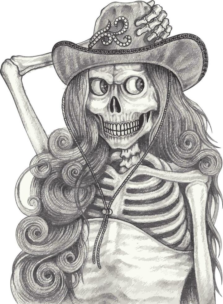 cowgirl teschio.mano disegno e rendere grafico vettore. vettore