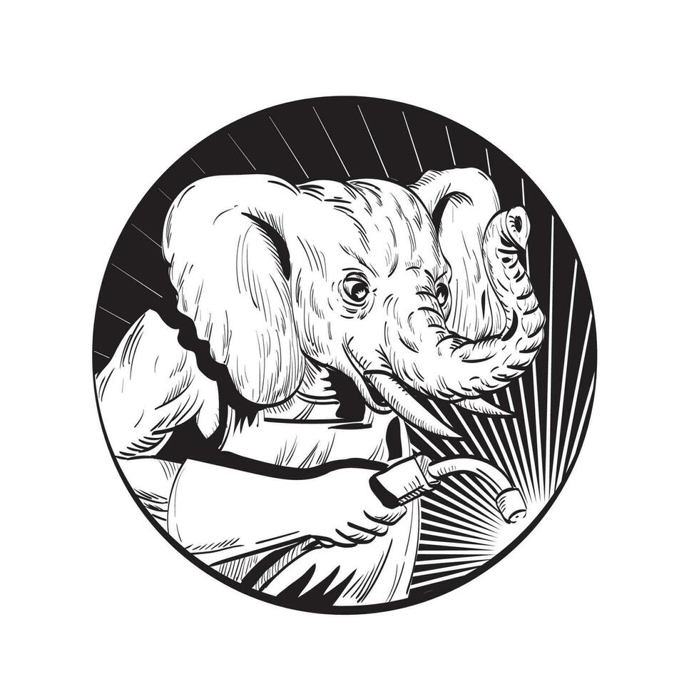 elefante con saldatura torcia cerchio linea disegno nero e bianca vettore