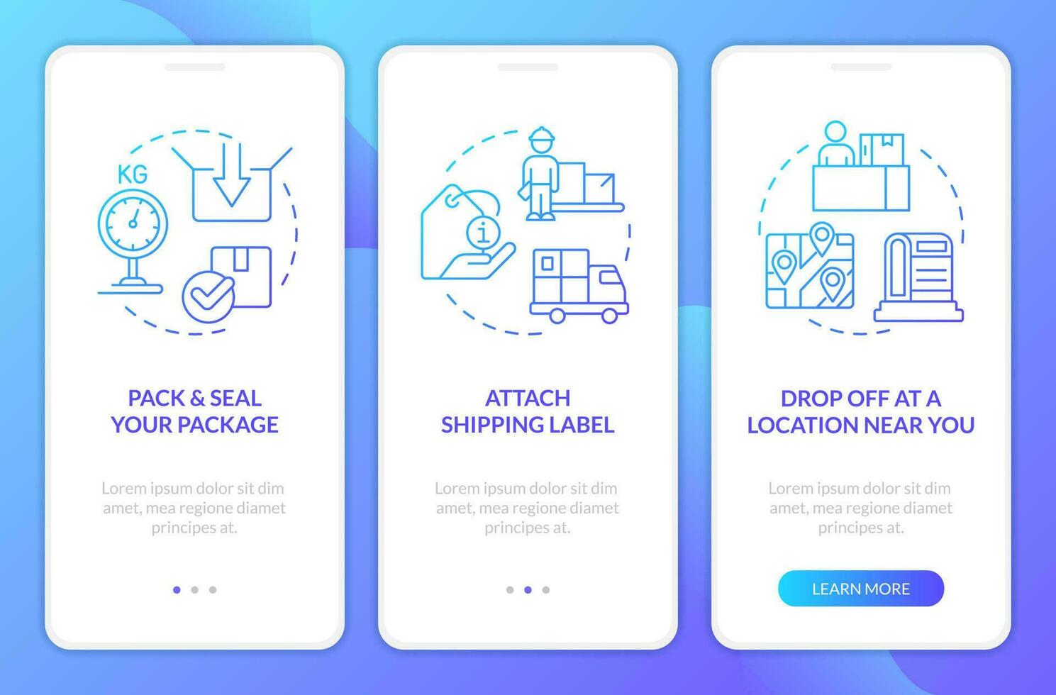 invio pacco suggerimenti blu pendenza onboarding mobile App schermo. Procedura dettagliata 3 passaggi grafico Istruzioni con lineare blu pendenza concetti. ui, ux, gui modello vettore