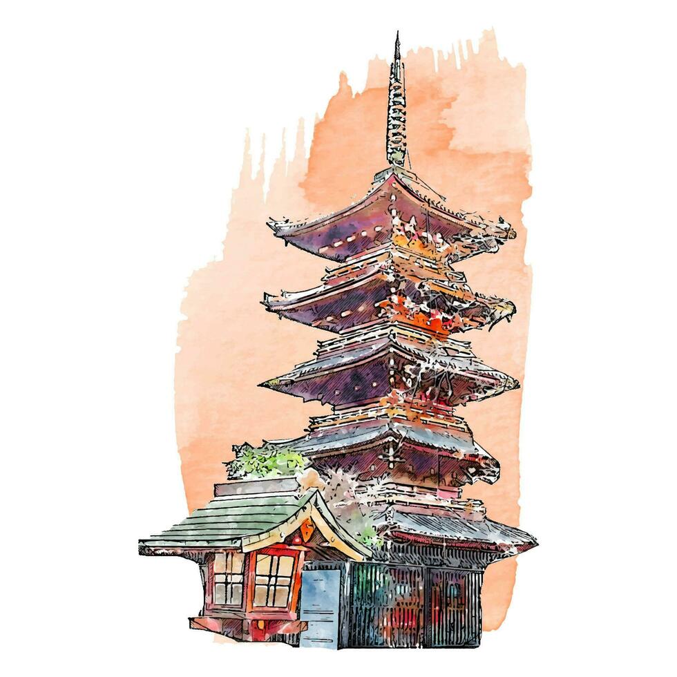 pagoda Giappone acquerello mano disegnato illustrazione isolato su bianca sfondo vettore
